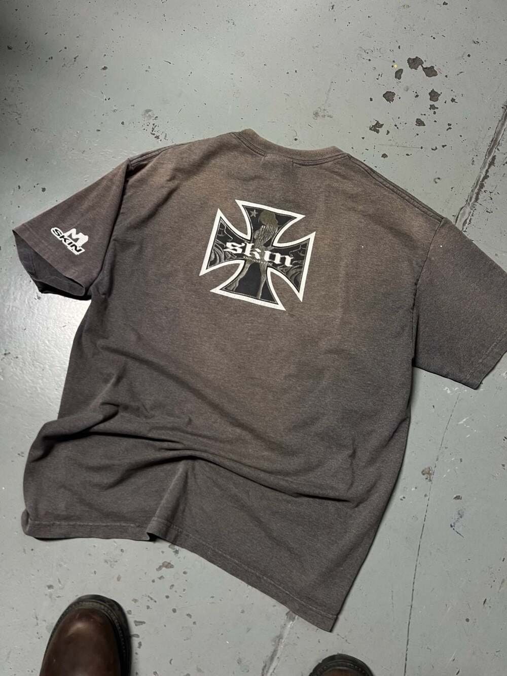 Skin Industries Vintage Washed Charcoal Grey Graphic T-Shirt with Iron Cross